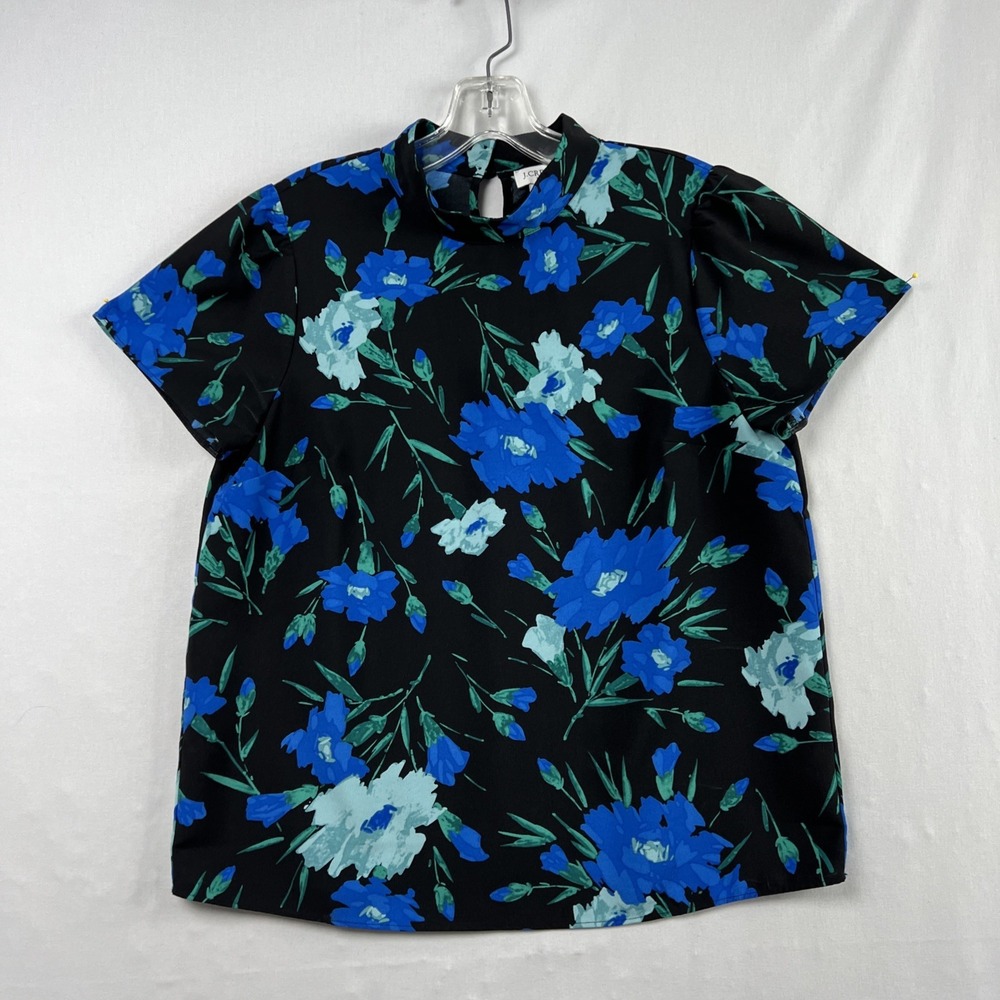 J Crew Top Floral Blouse Womens Small Short Sleeve Black Blue Packable Career